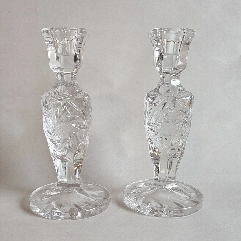 Vintage Pair Hobstar Heavy Crystal Glass Candlesticks Candleholders 7
